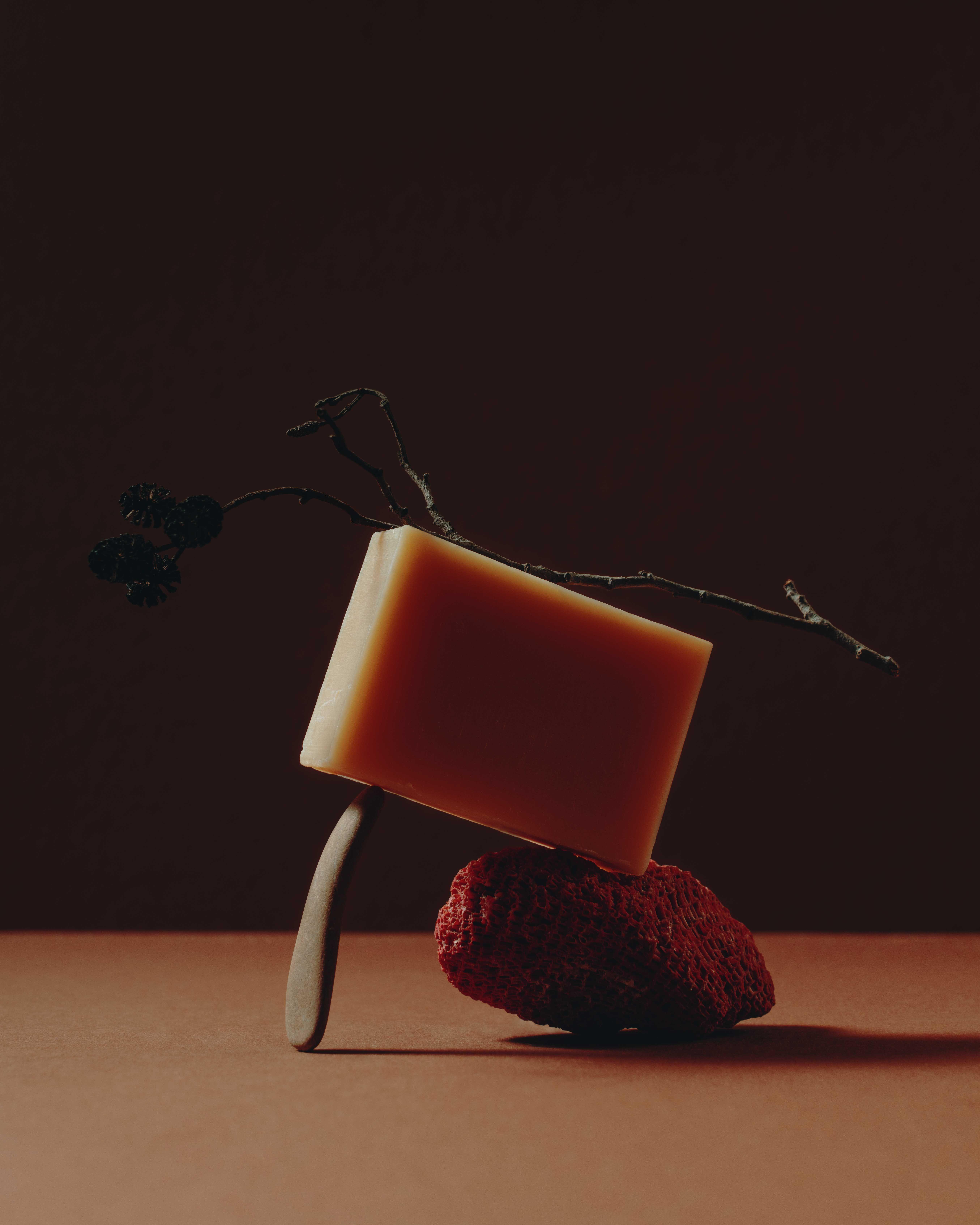 photo of a soap on a red stone, a small branch lies on it.