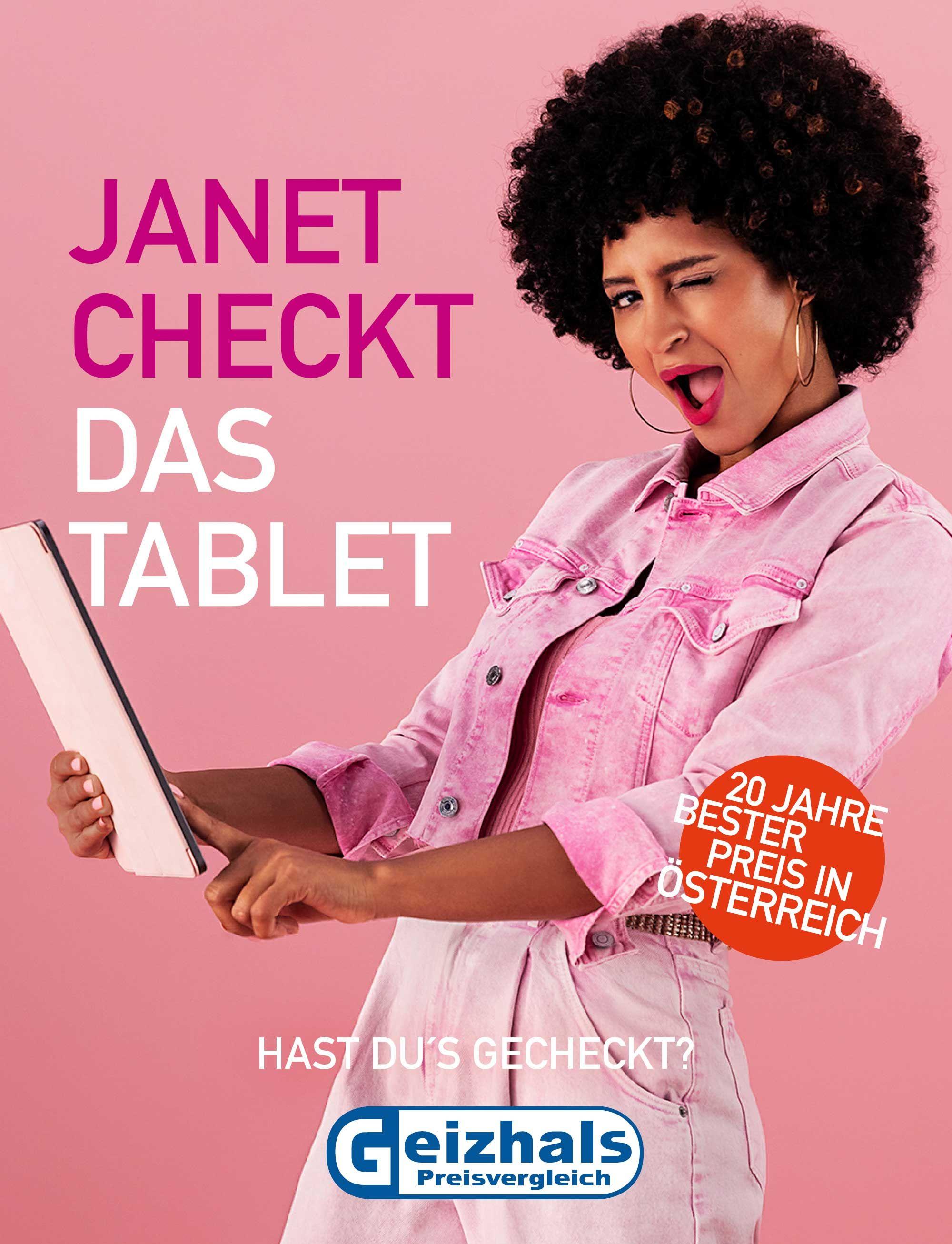 a woman with an afro taps her pink tablet while winking her eye.