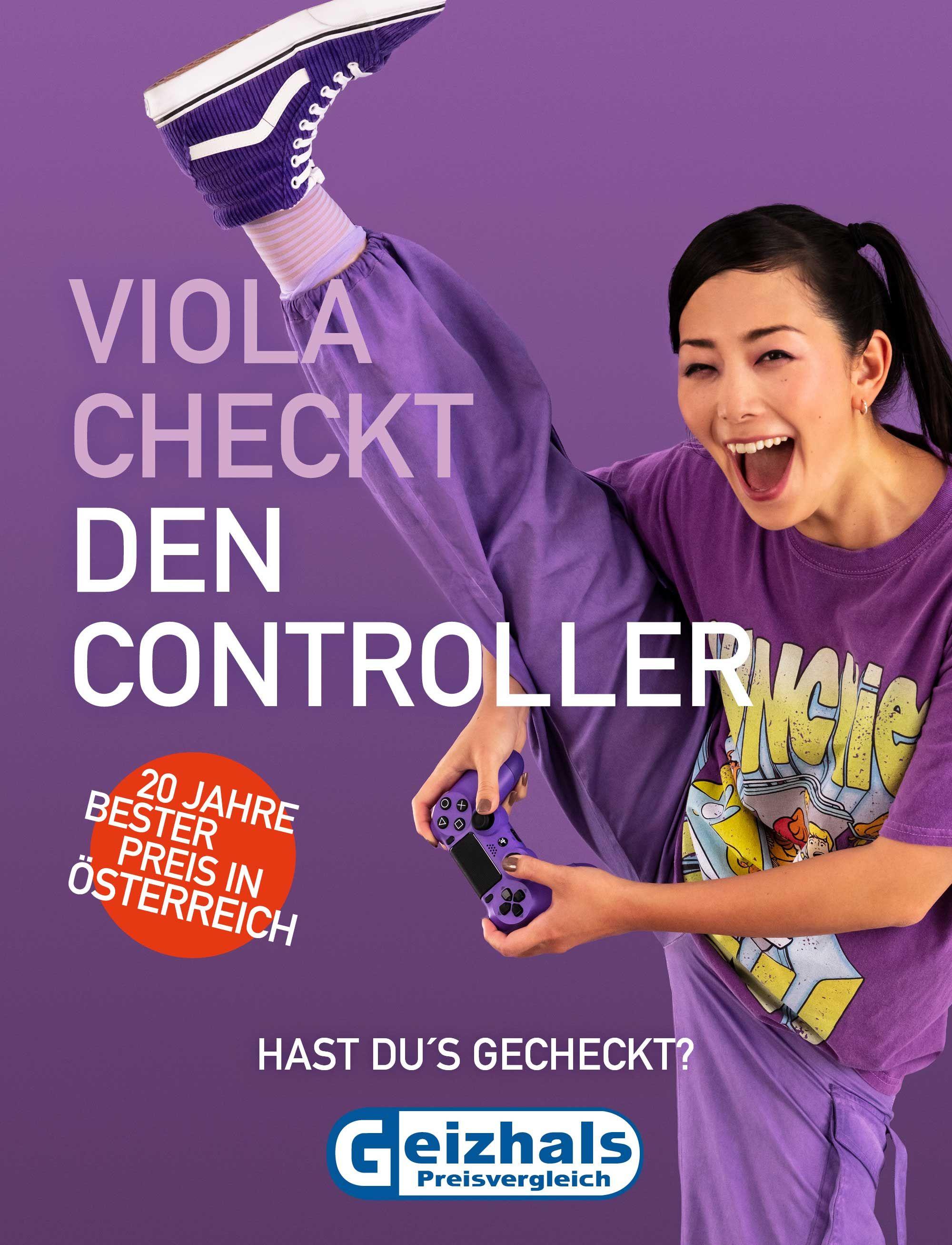 a young woman dressed completely in purple holds a gaming controller in her hands and stretches one leg high in the air while opening her mouth wide. 